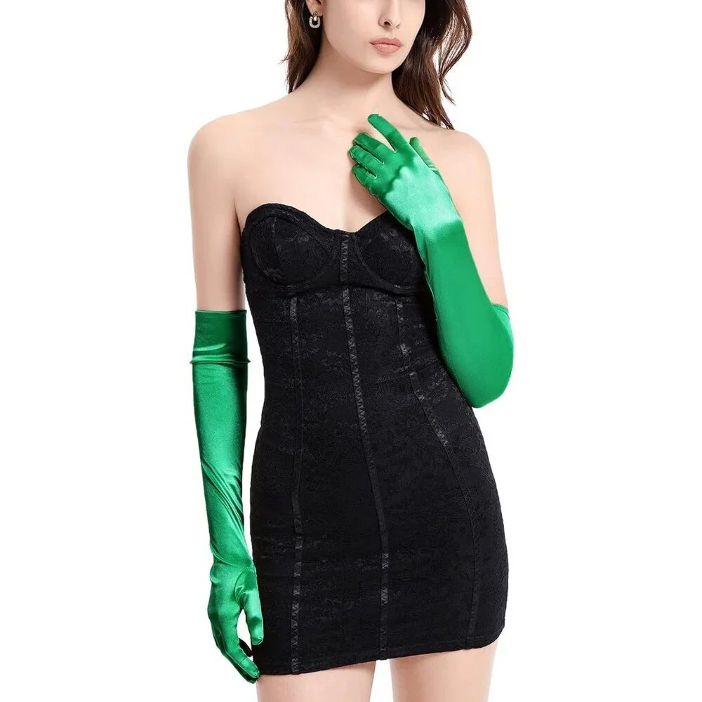 Women's Evening Green Long Satin Gloves Elbow Length Formal Party Prom Wear